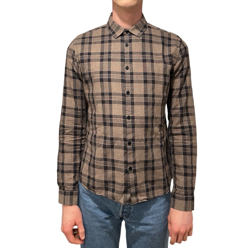 Topman Dark Navy & Brown Plaid Button-Up Shirt SZ M Farmercore Western Cowboy